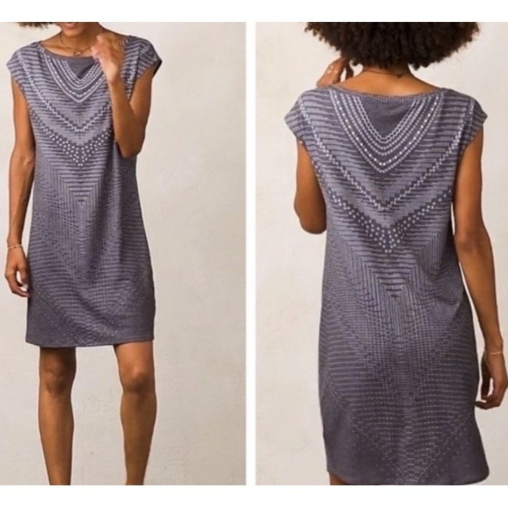 prAna Sanna Boatneck‎ Bohemian Aztec Stretchy BeachDress Earl Gray Sz Medium EUC